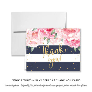 "Jenn" Peonies + Navy Stripe Thank You Card