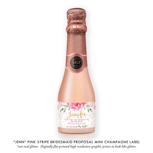 "Jenn" Pink Stripe Bridesmaid Proposal Champagne Labels
