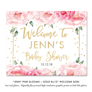 "Jenn" Pink Blooms + Gold Baby Shower Invitation
