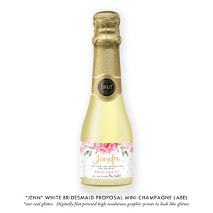 "Jenn" White Bridesmaid Proposal Champagne Labels