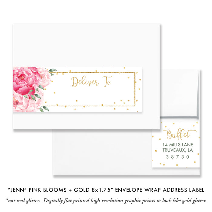 "Jenn" Pink Blooms + Gold Envelope Wrap Address Labels