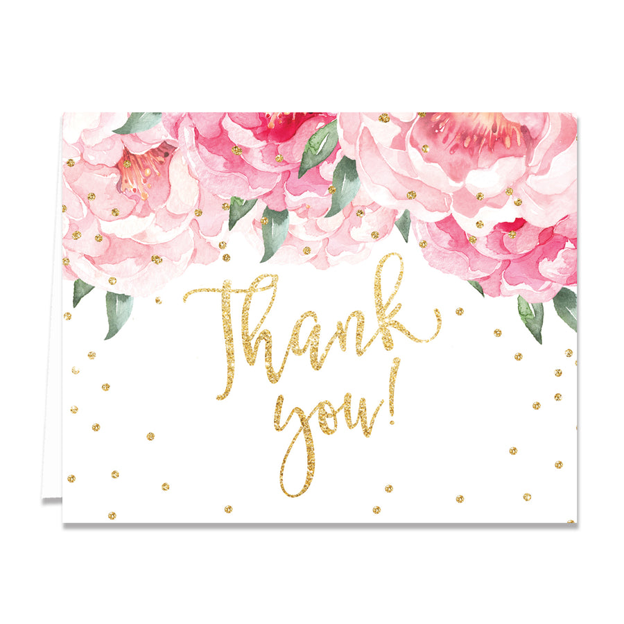 "Jenn" Pink Blooms + Gold Thank You Card