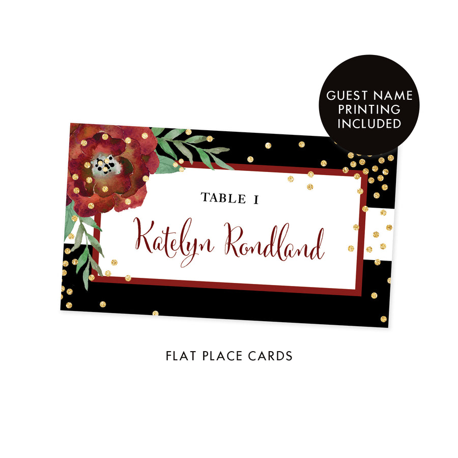 Black Striped Holiday Place Cards with Floral | Katelyn