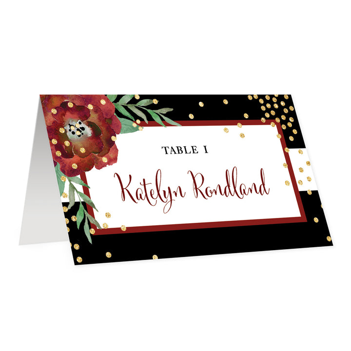 Black Striped Holiday Place Cards with Floral | Katelyn