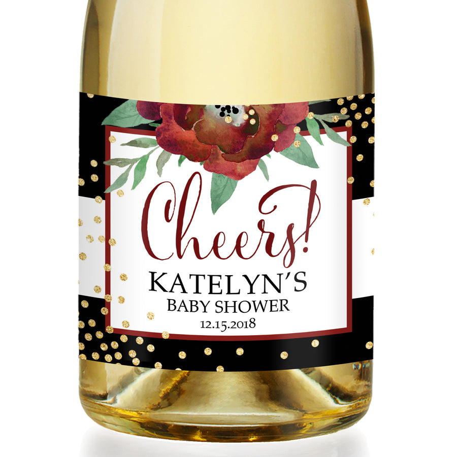 "Katelyn" Black + White Holiday Baby Shower Champagne Labels