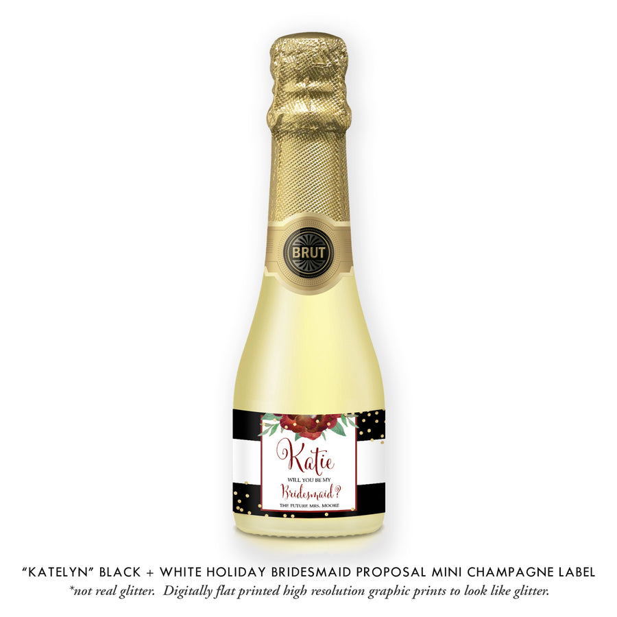 "Katelyn" Black + White Holiday Bridesmaid Proposal Champagne Labels