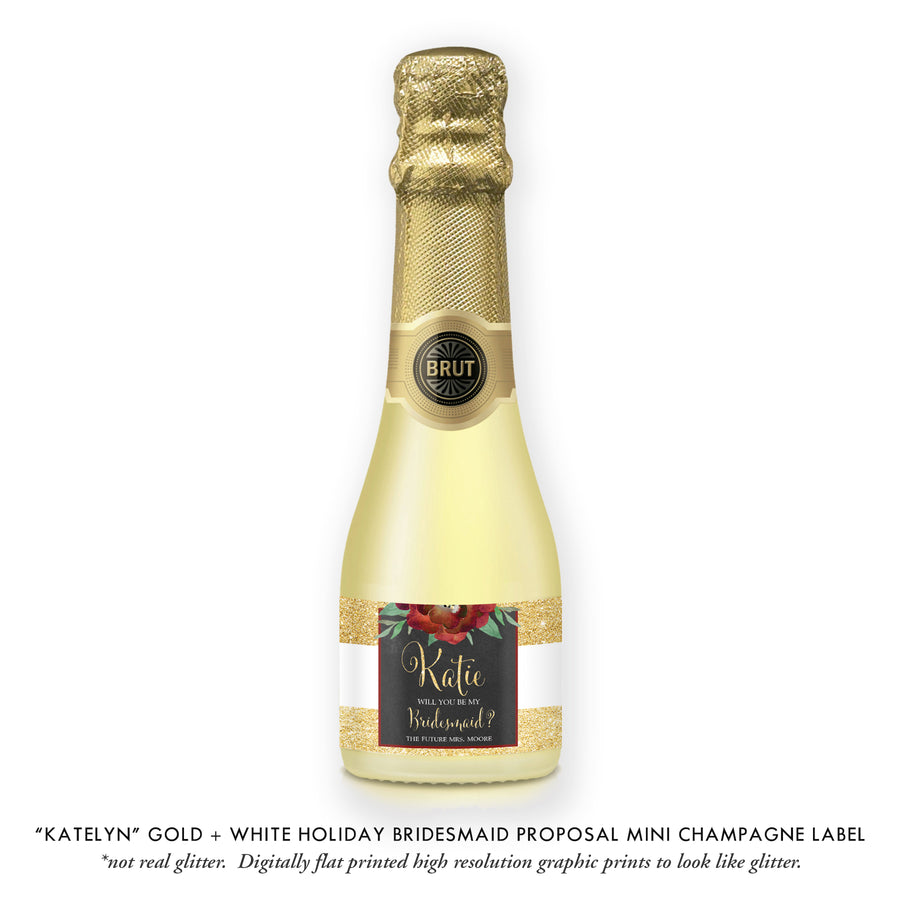 "Katelyn" Gold Stripe Holiday Bridesmaid Proposal Champagne Labels