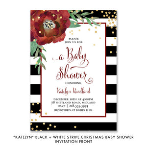 "Katelyn" Black + White Stripe Christmas Baby Shower Invitation
