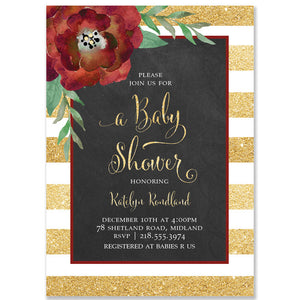 "Katelyn" Gold + White Stripe Chalkboard Christmas Baby Shower Invitation