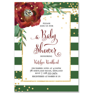 "Katelyn" Green + White Stripe Christmas Baby Shower Invitation
