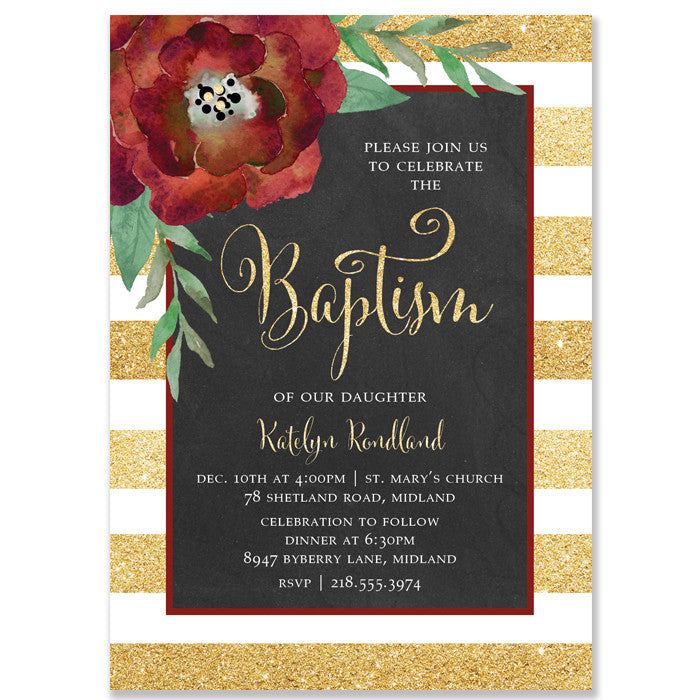 "Katelyn" Gold + White Stripe Chalkboard Christmas Baptism Invitation