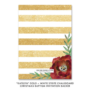 "Katelyn" Gold + White Stripe Chalkboard Christmas Baptism Invitation