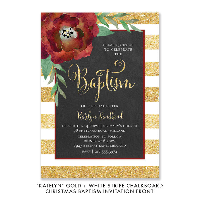 "Katelyn" Gold + White Stripe Chalkboard Christmas Baptism Invitation