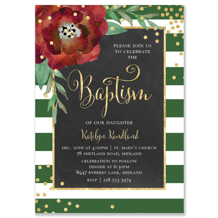 "Katelyn" Green + White Stripe Chalkboard Christmas Baptism Invitation