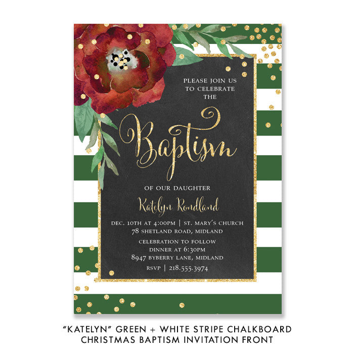 "Katelyn" Green + White Stripe Chalkboard Christmas Baptism Invitation