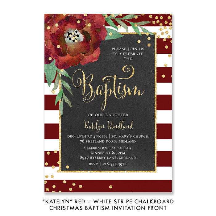 "Katelyn" Red + White Stripe Chalkboard Christmas Baptism Invitation