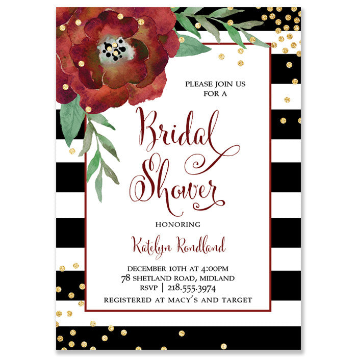Black White Stripes + Red Bloom Bridal Shower Invitation featuring gold dots, red fonts, and a romantic winter wedding theme.