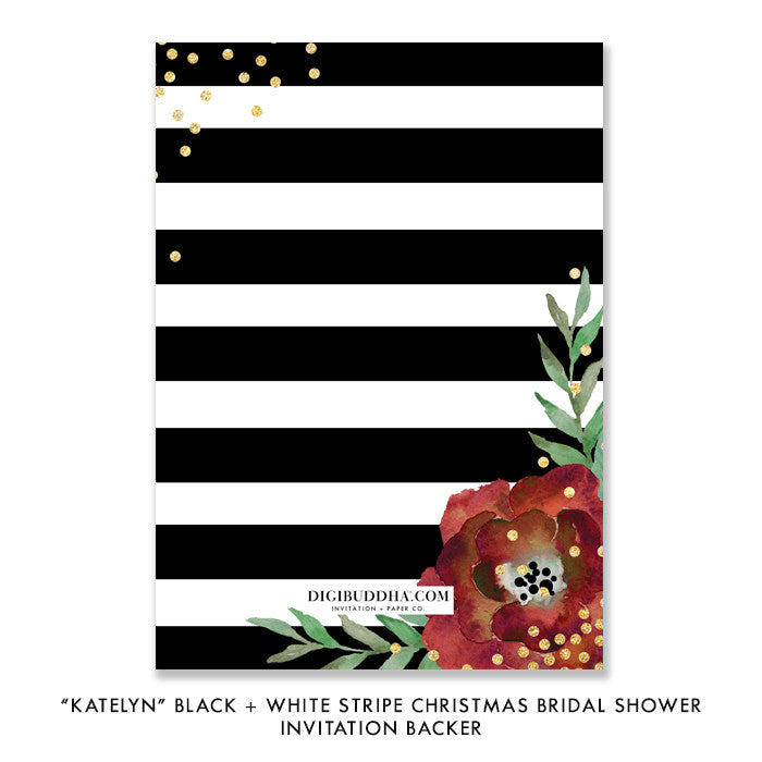 Black White Stripes + Red Bloom Bridal Shower Invitation featuring gold dots, red fonts, and a romantic winter wedding theme.