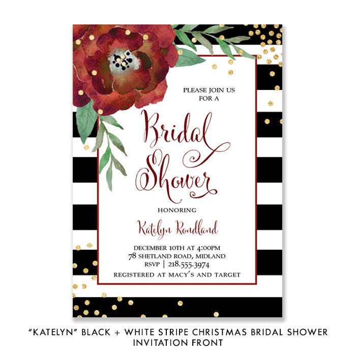 Black White Stripes + Red Bloom Bridal Shower Invitation featuring gold dots, red fonts, and a romantic winter wedding theme.