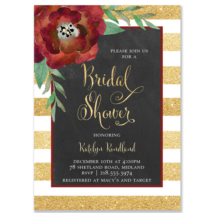 Elegant Gold and White Stripes + Chalkboard Bridal Shower Invitation with a shimmer look, red blooms, and festive gold fonts.