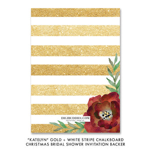 "Katelyn" Gold + White Stripe Chalkboard Christmas Bridal Shower Invitation