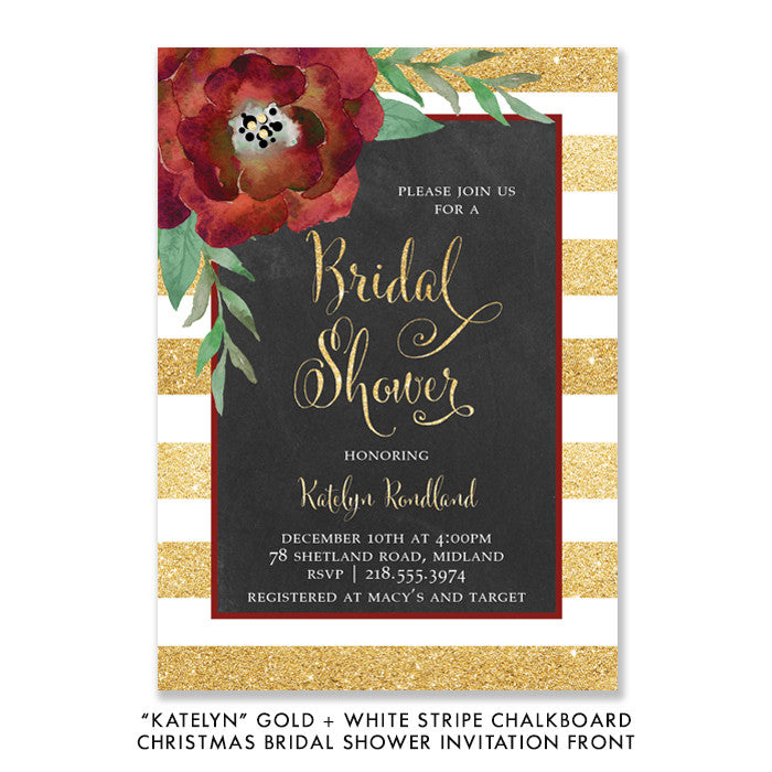 "Katelyn" Gold + White Stripe Chalkboard Christmas Bridal Shower Invitation