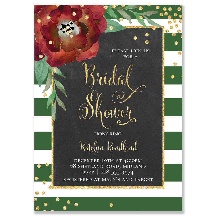 Green and White Stripe + Chalkboard Bridal Shower Invitation with festive gold dots, elegant gold fonts, and red flowers.