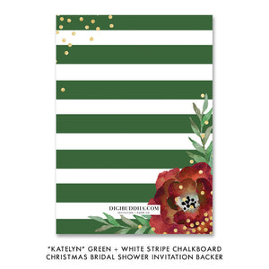Green and White Stripe + Chalkboard Bridal Shower Invitation with festive gold dots, elegant gold fonts, and red flowers.