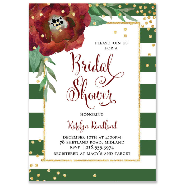 Green & White Stripe + Red Bloom Bridal Shower Invitation with gold dots and red fonts, perfect for Christmas bridal showers.