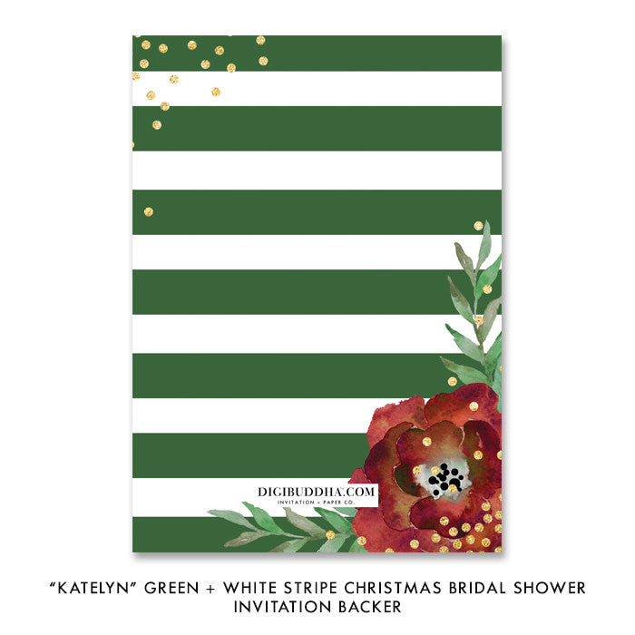 Green & White Stripe + Red Bloom Bridal Shower Invitation with gold dots and red fonts, perfect for Christmas bridal showers.