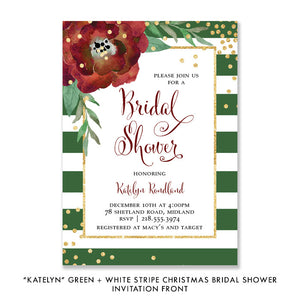 Green & White Stripe + Red Bloom Bridal Shower Invitation with gold dots and red fonts, perfect for Christmas bridal showers.