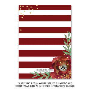 Festive Red and White Striped Chalkboard Bridal Shower Invitation with bold red flowers, stripes, and gold accents.