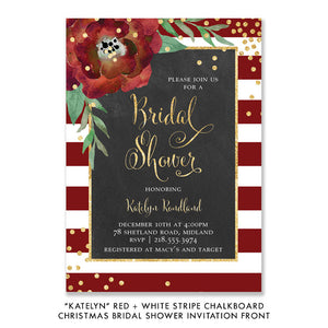 Festive Red and White Striped Chalkboard Bridal Shower Invitation with bold red flowers, stripes, and gold accents.