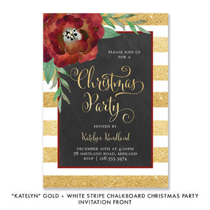 Gold Glitter Stripe Chalkboard Christmas Party Invitation - Katelyn