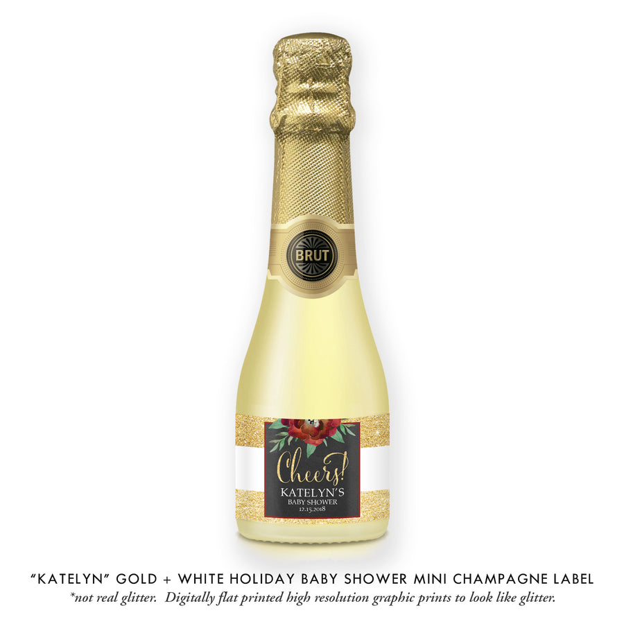 "Katelyn" Gold Stripe Holiday Baby Shower Champagne Labels