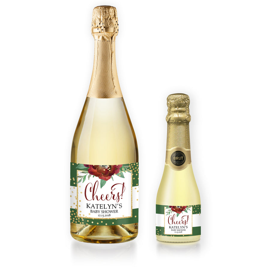 "Katelyn" Green + White Holiday Baby Shower Champagne Labels