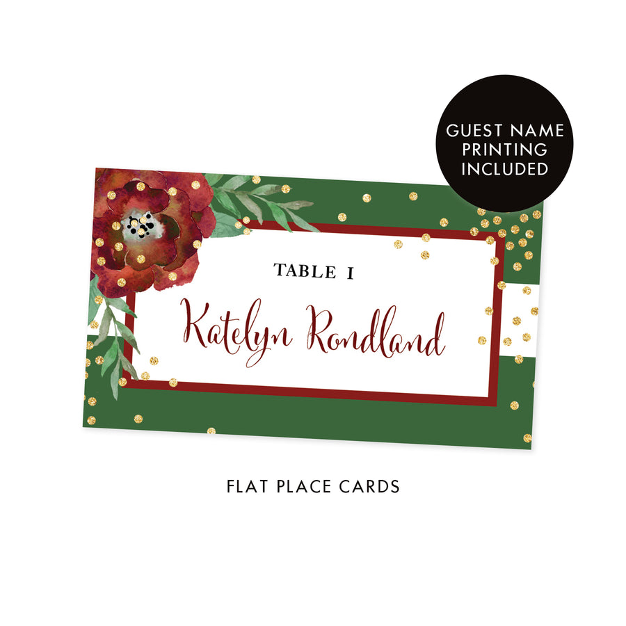 Green Striped Holiday Place Cards with Floral | Katelyn