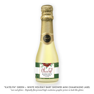 "Katelyn" Green + White Holiday Baby Shower Champagne Labels
