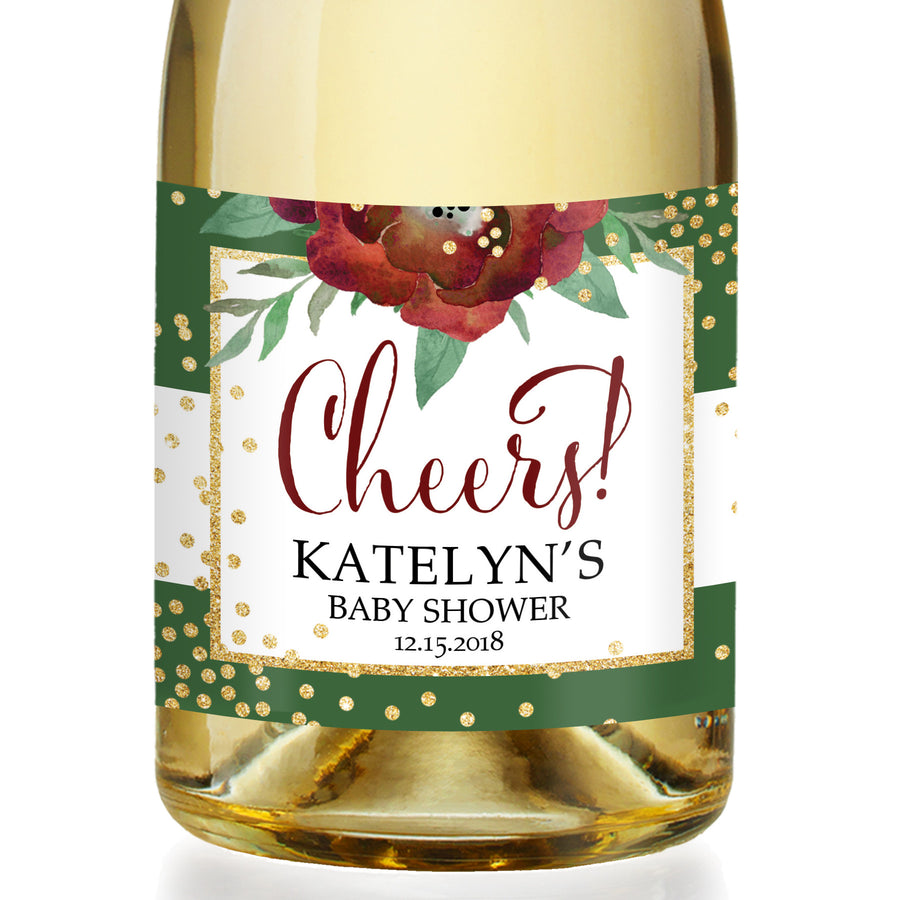 "Katelyn" Green + White Holiday Baby Shower Champagne Labels