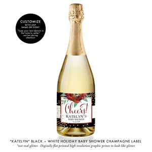 "Katelyn" Black + White Holiday Baby Shower Champagne Labels