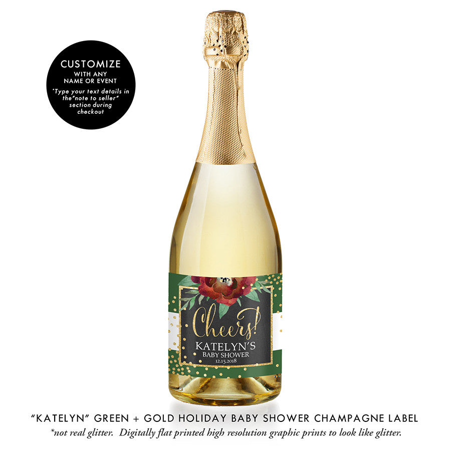 "Katelyn" Green + Gold Holiday Baby Shower Champagne Labels