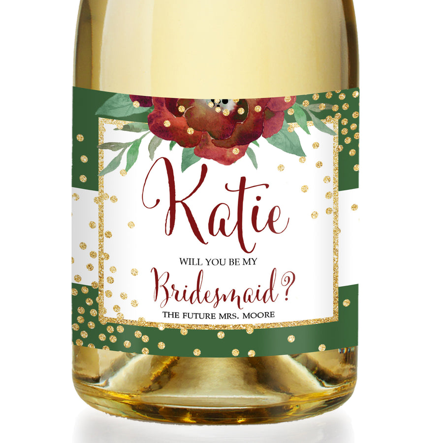 "Katelyn" Green + White Holiday Bridesmaid Proposal Champagne Labels