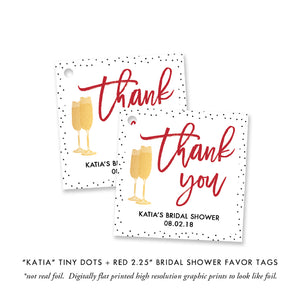 Chic Red & Gold Brunch and Bubbly Bridal Shower Invitation with a dots border, bold red text, and chic gold champagne glasses