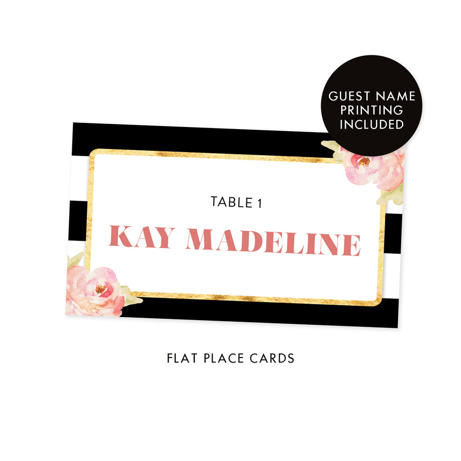 Black + White Striped Place Cards with Blush Floral | Kay