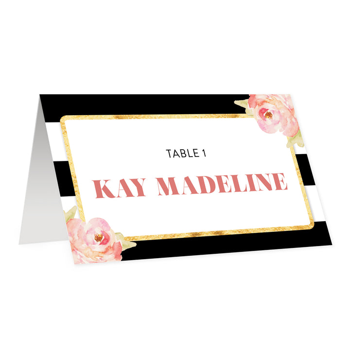 Black + White Striped Place Cards with Blush Floral | Kay