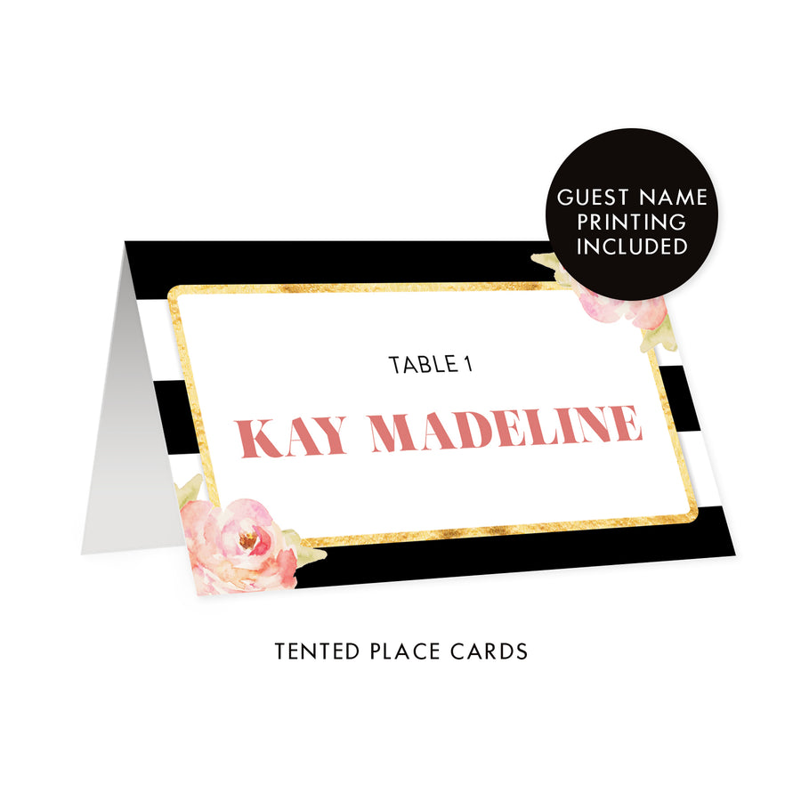 Black + White Striped Place Cards with Blush Floral | Kay