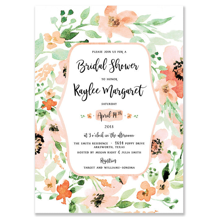 Elegant Peach Wildflower Bridal Shower Invitations with blush, peach, and greens - perfect for a modern bridal shower.