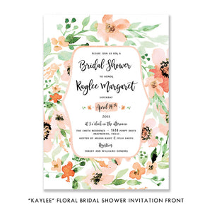 Elegant Peach Wildflower Bridal Shower Invitations with blush, peach, and greens - perfect for a modern bridal shower.