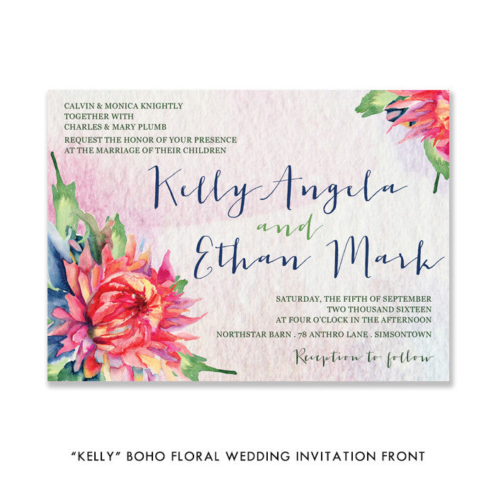 Bohemian watercolor floral "Kelly" wedding invitation | digibuddha.com