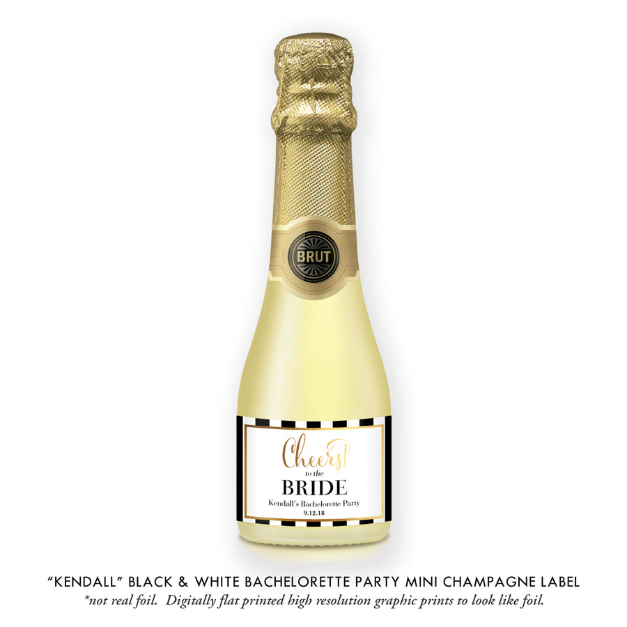 "Kendall" Black & White Bachelorette Party Champagne Labels